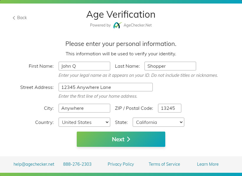 AgeChecker Popup Screen - Enter your personal information