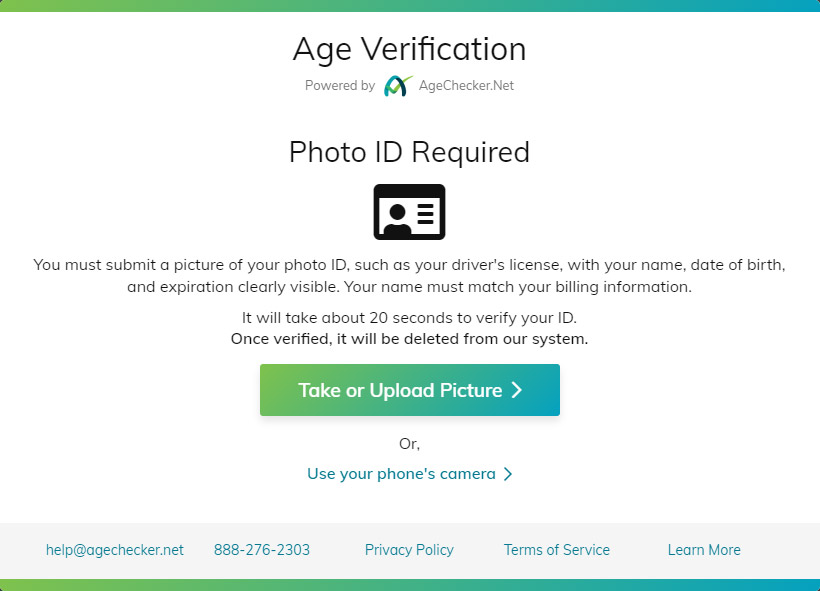 AgeChecker Popup Screen - Photo ID required
